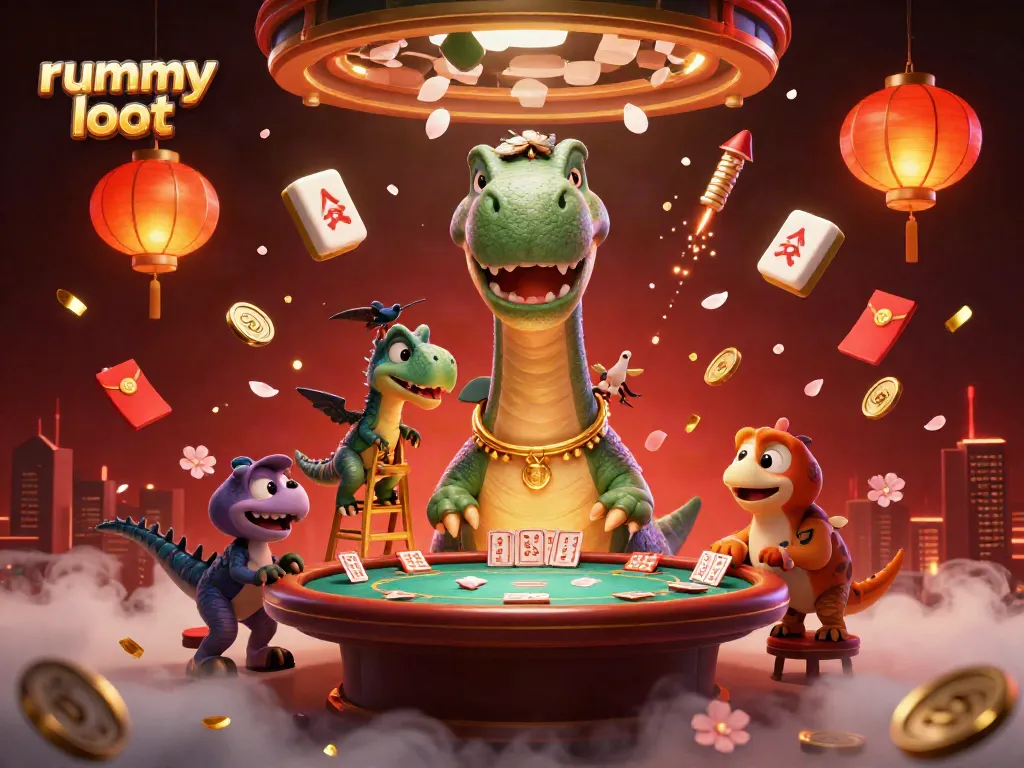 Experience rummy loot at its finest with a vibrant, animated casino scene featuring a brontosaurus and raptor in action.