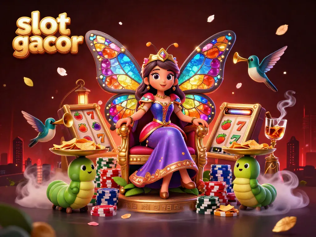 Slot gacor memikat dengan tampilan ratu kupu-kupu 3D, simbol slot, dan suasana kasino.