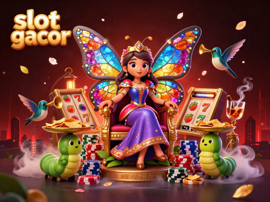 Slot gacor memikat dengan tampilan ratu kupu-kupu 3D, simbol slot, dan suasana kasino.