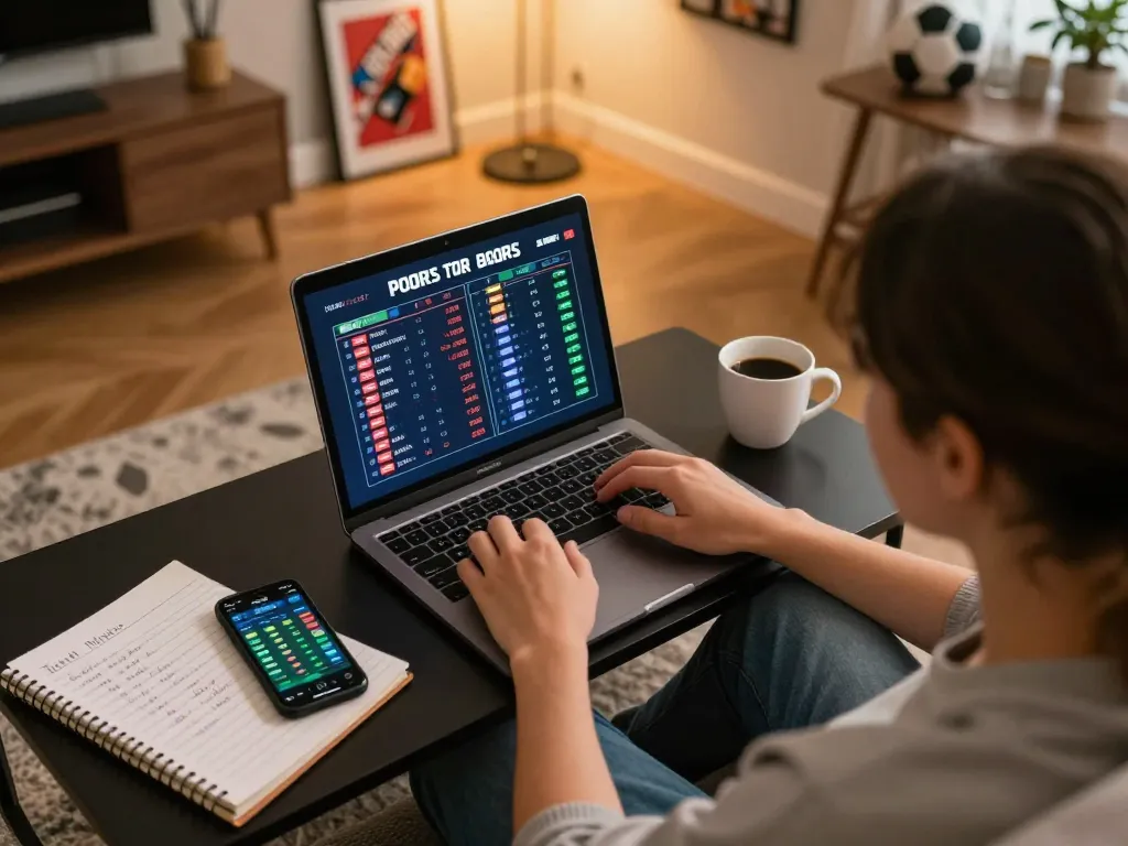 Engaged in sports betting using KQBD's live odds interface on a laptop, with a strategic notebook and smartphone nearby.
