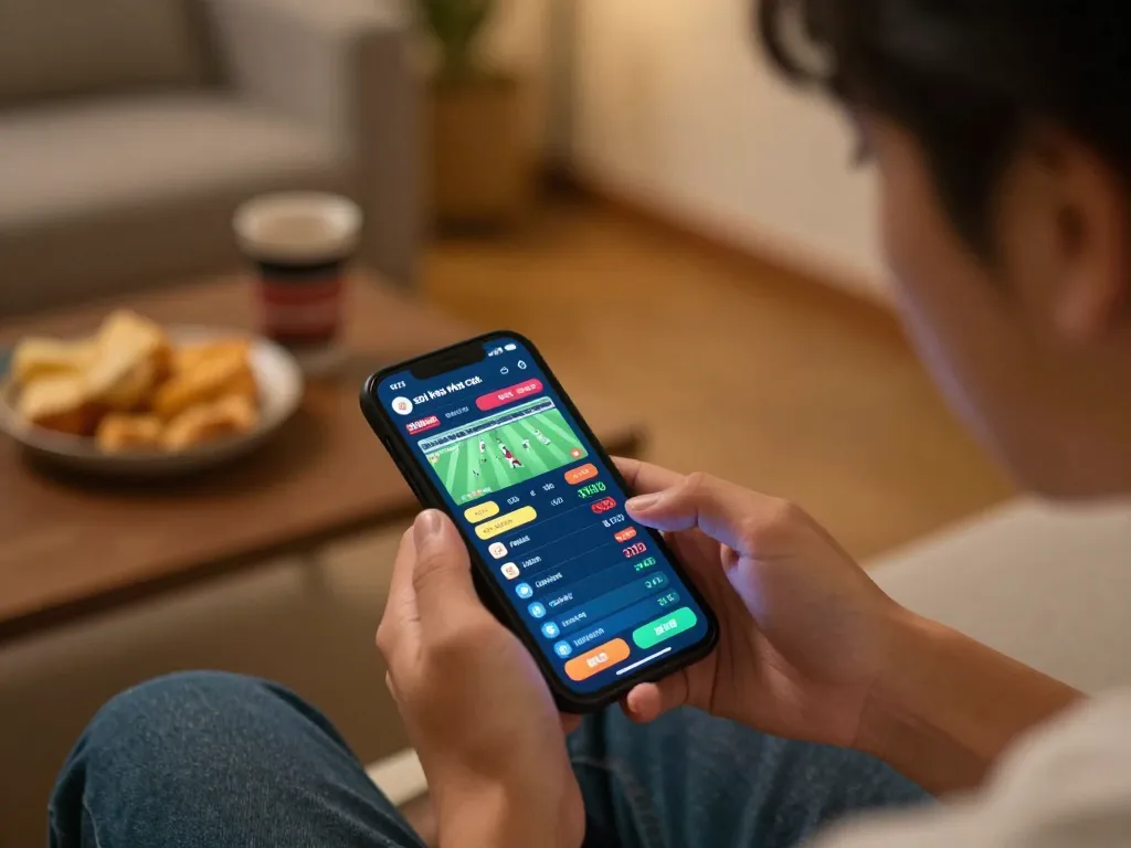 Engaging scene of someone placing a bet on soi keo nha cai using a smartphone in a cozy home environment