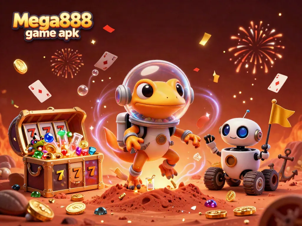 Experience the excitement of mega888 game apk with a Martian gecko discovering a golden casino.