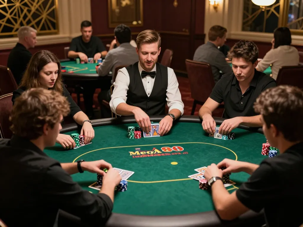 Para pemain menikmati permainan poker yang mendebarkan dengan versi asal mega888 dalam suasana kasino yang meriah