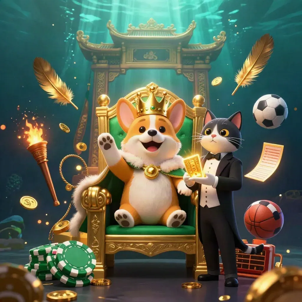 Royal corgi and cat butler on a chip throne amid gold, banners, temple gate, and neon casino glow