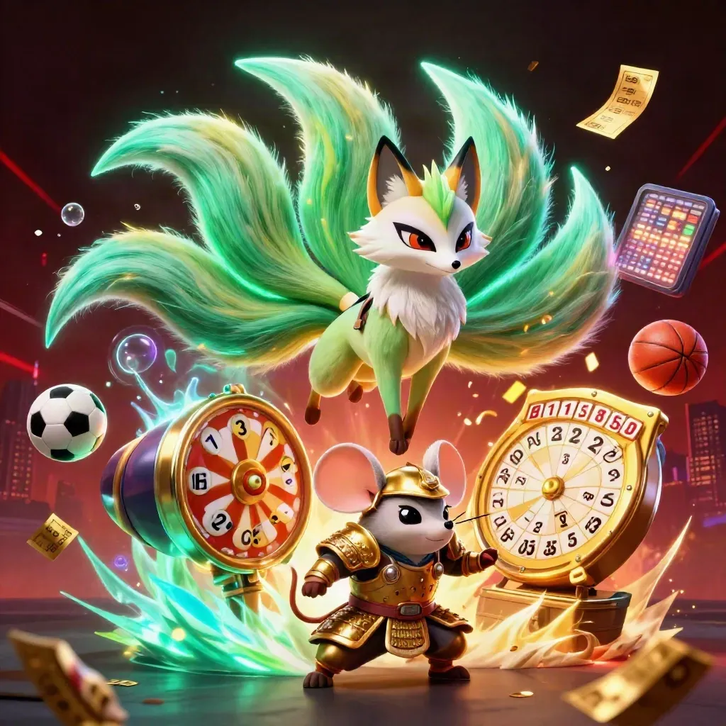 Neon fox spirit and gold-armoured mouse amid flying lottery balls, prize wheel, and casino glow.