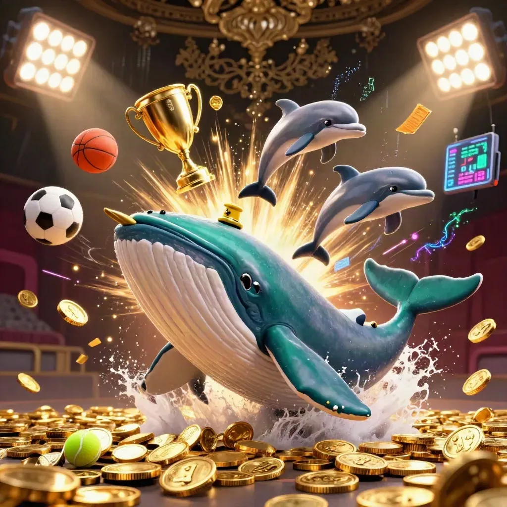 Whale, narwhal, and dolphins amid flying sports balls, coins, and casino lights.
