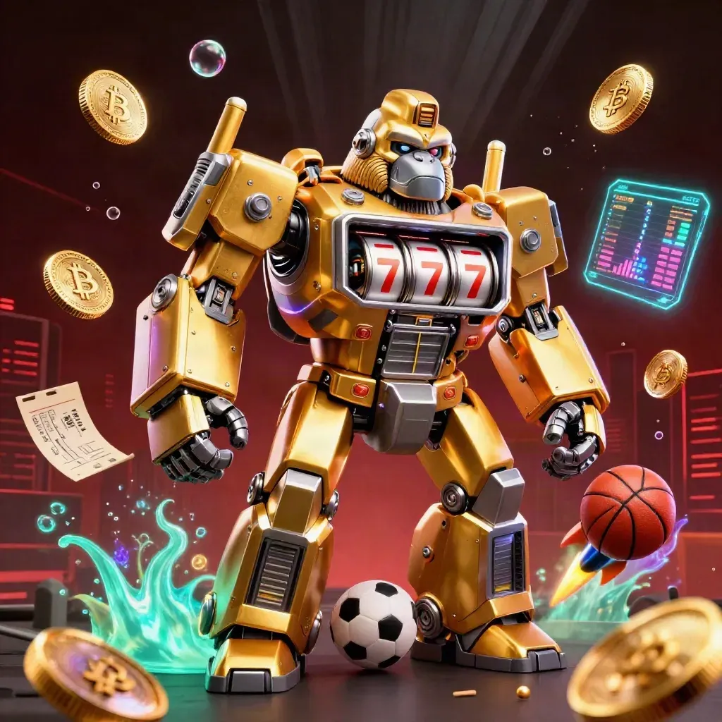 Golden gorilla slot-mech with monkey pilot, coins, sports balls, neon casino glow.