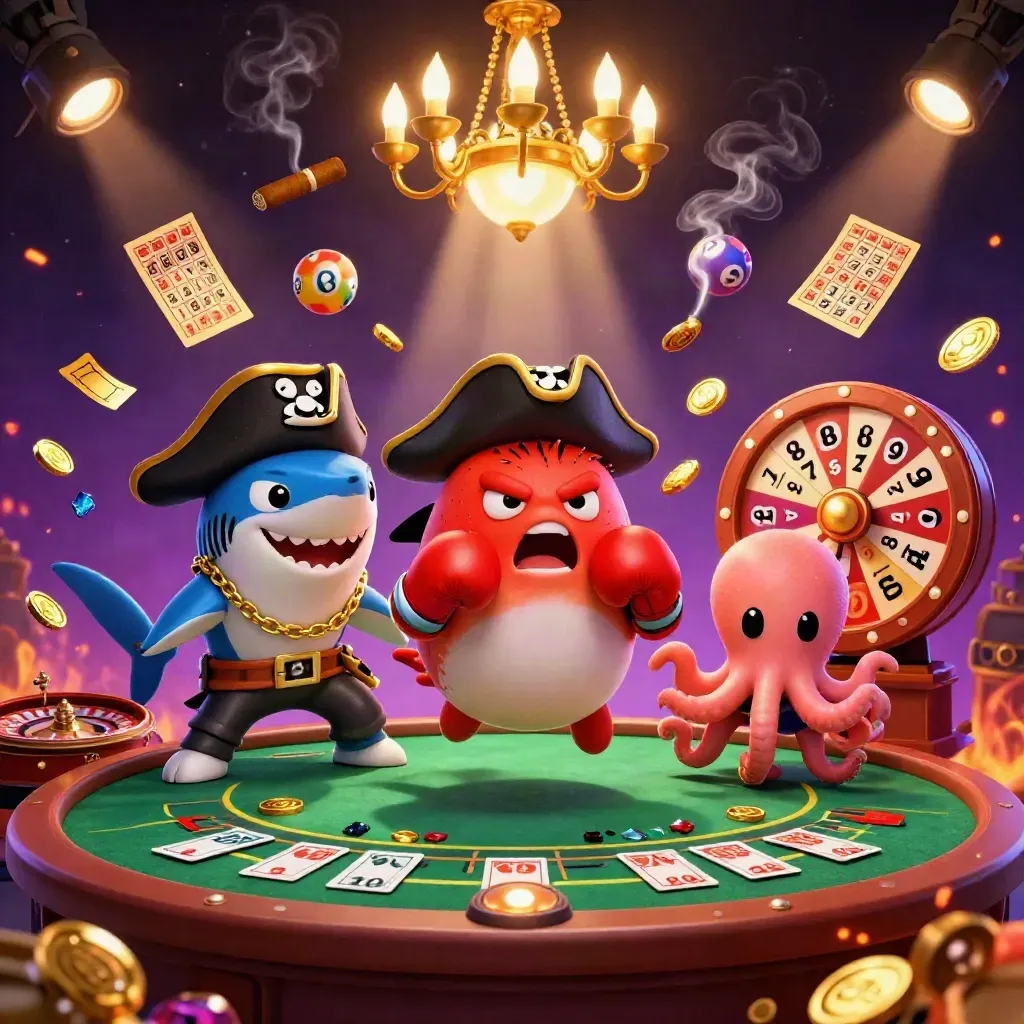 Pirate shark, boxing pufferfish, and coin-juggling octopus in a luxe neon casino storm.