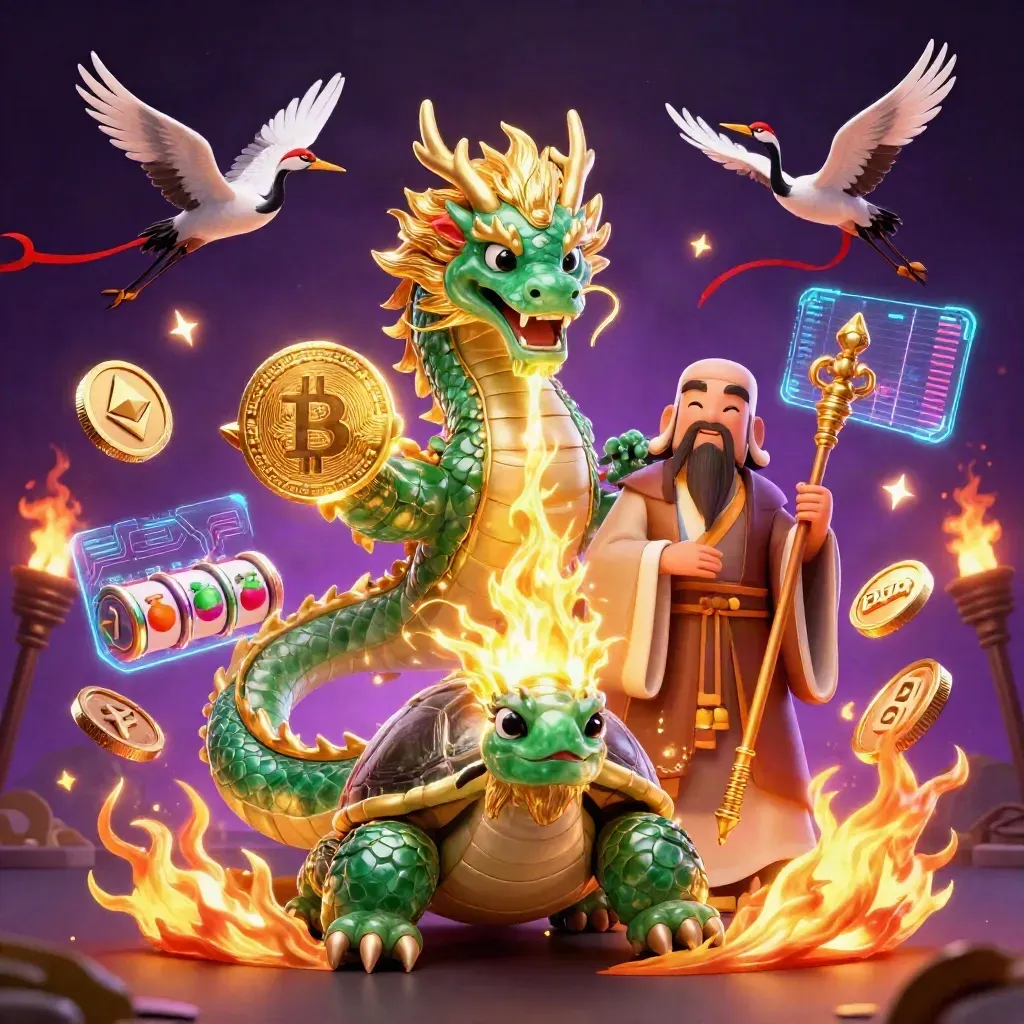 Emerald dragon, turtle sage, and cranes amid coins, fire, and casino energy
