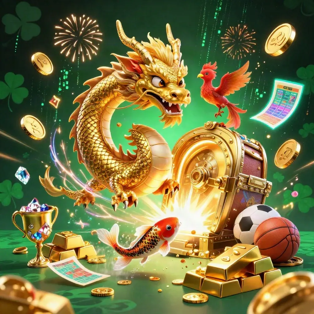 Golden dragon, phoenix and koi burst from a vault with coins, gems, and casino lights.
