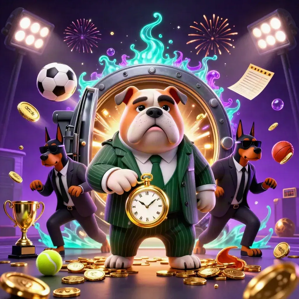 Bulldog mob boss with Dobermans amid coins, sports balls, trophy, and fireworks in neon casino glow.