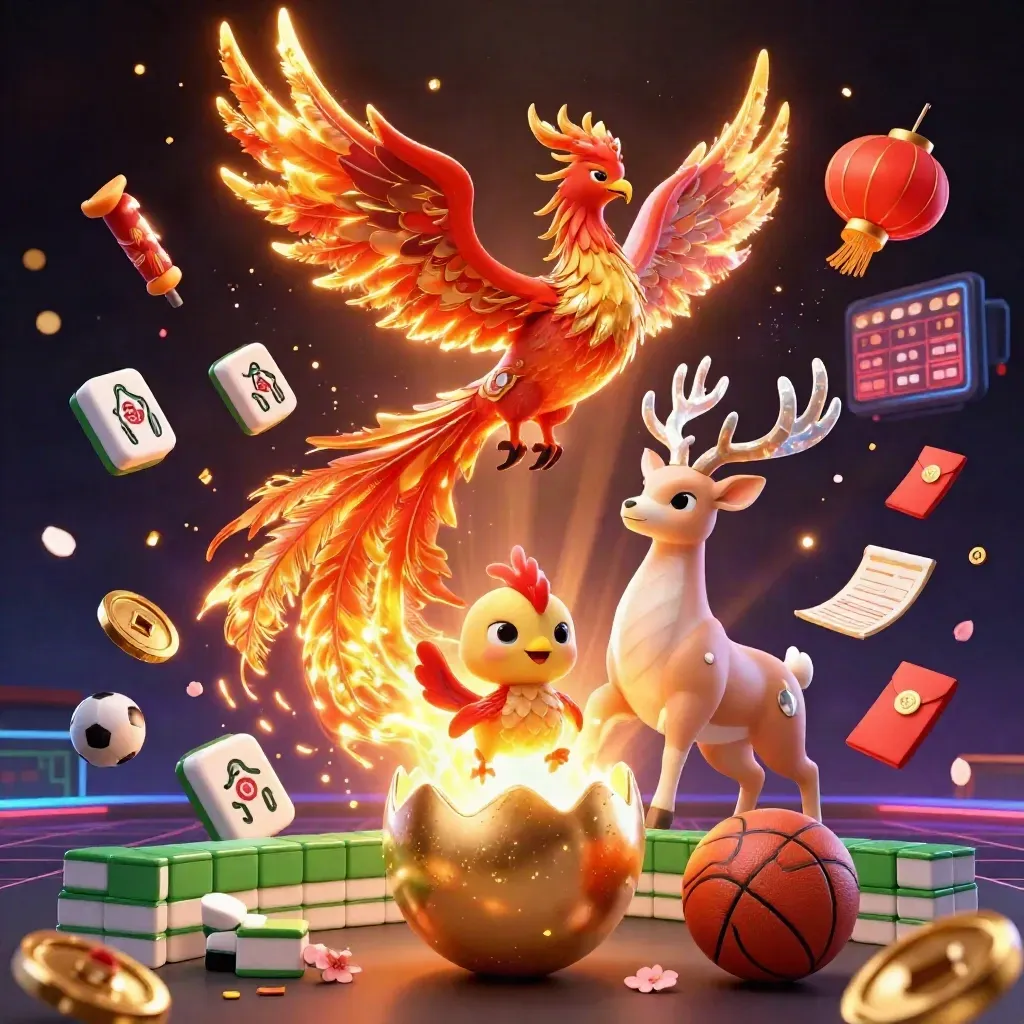 Phoenix, hatchling, and crystal stag amid casino luck, coins, lanterns, fireworks, and neon glow.