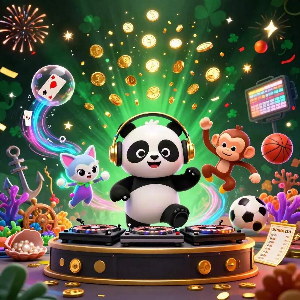 Panda DJ, dancing monkey, and glow-stick kitten amid coins, coral, fireworks, and treasure.
