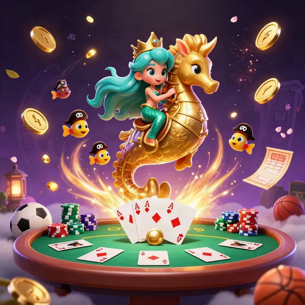 Mermaid princess on armored seahorse amid poker chips, coins, fireworks and casino magic.