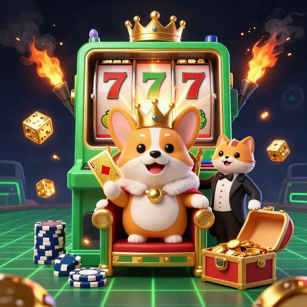Royal corgi king and cat butler amid bursting slots, dice, gold, and neon casino effects