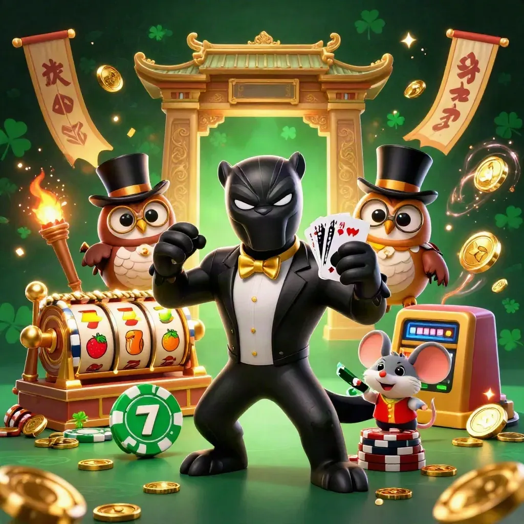 Panther dealer with owl and mouse amid coins, reels, temple gate, fire, and casino sparks.
