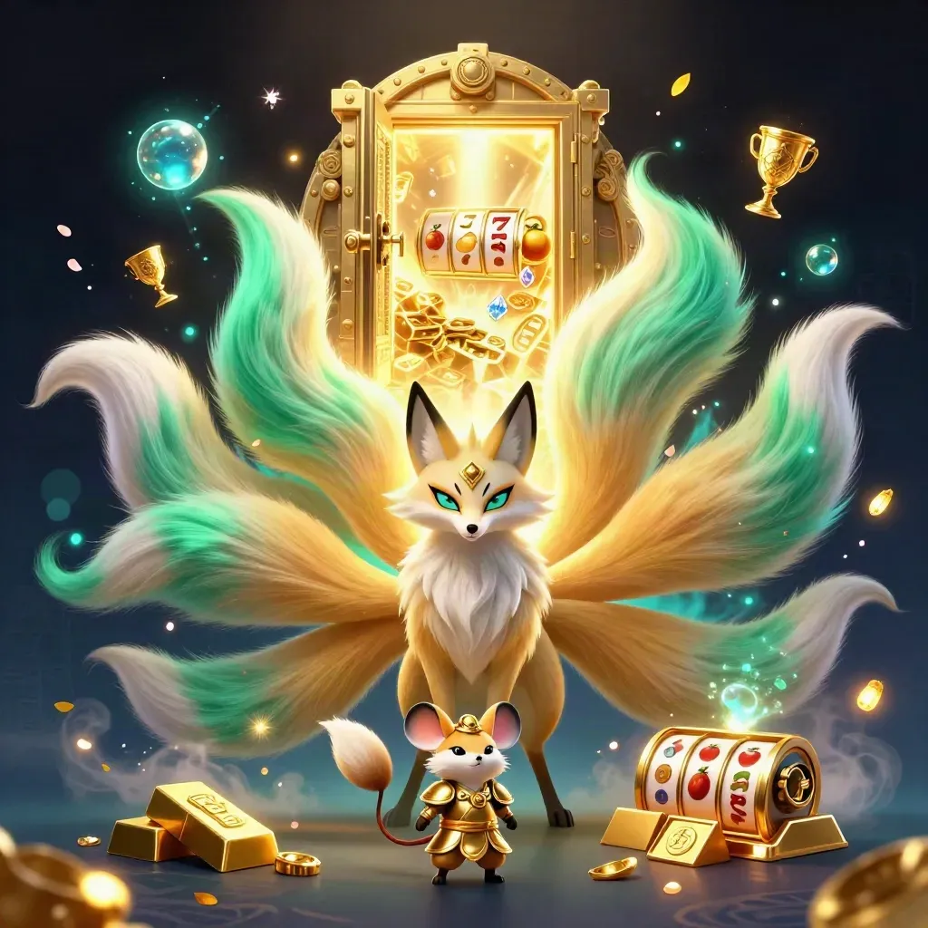Nine-tailed fox spirit and armored mouse beside an open golden vault with casino loot.