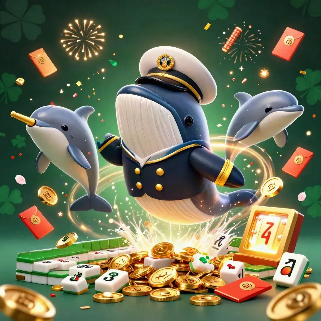 Cartoon whale captain, narwhal, and dolphins amid gold coins, reels, lanterns, and fireworks.