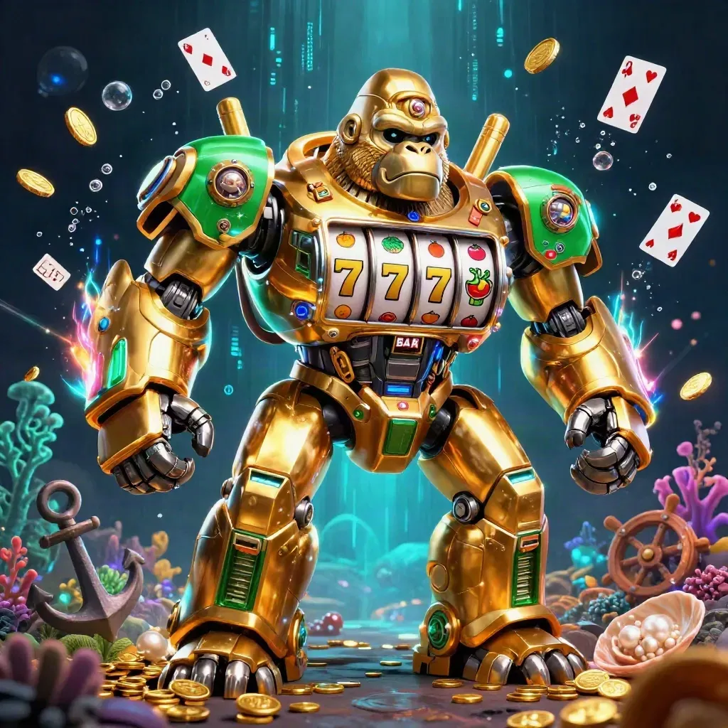 Golden gorilla slot mech with tiny monkey pilot amid coins, cards, coral, and neon casino effects.
