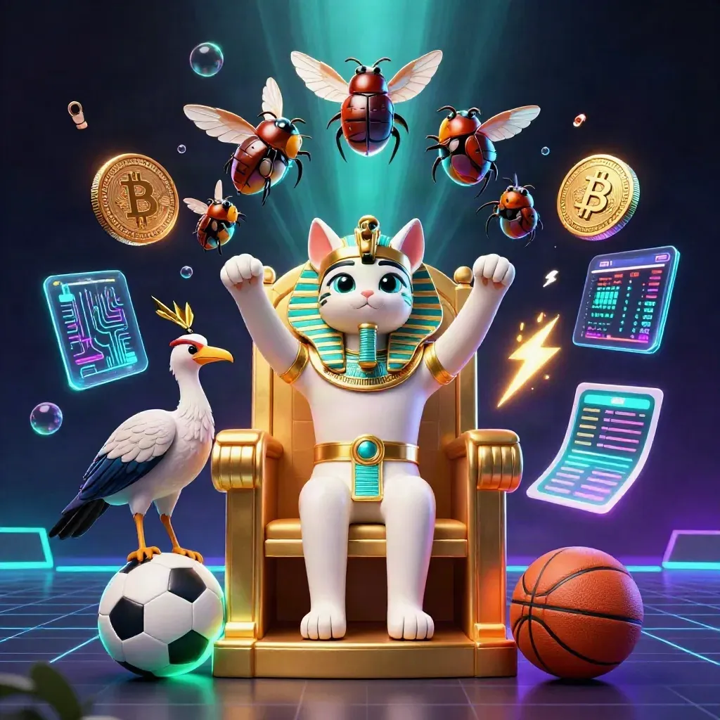 Pharaoh cat and ibis on a golden throne with coins, scarabs, and neon casino effects.
