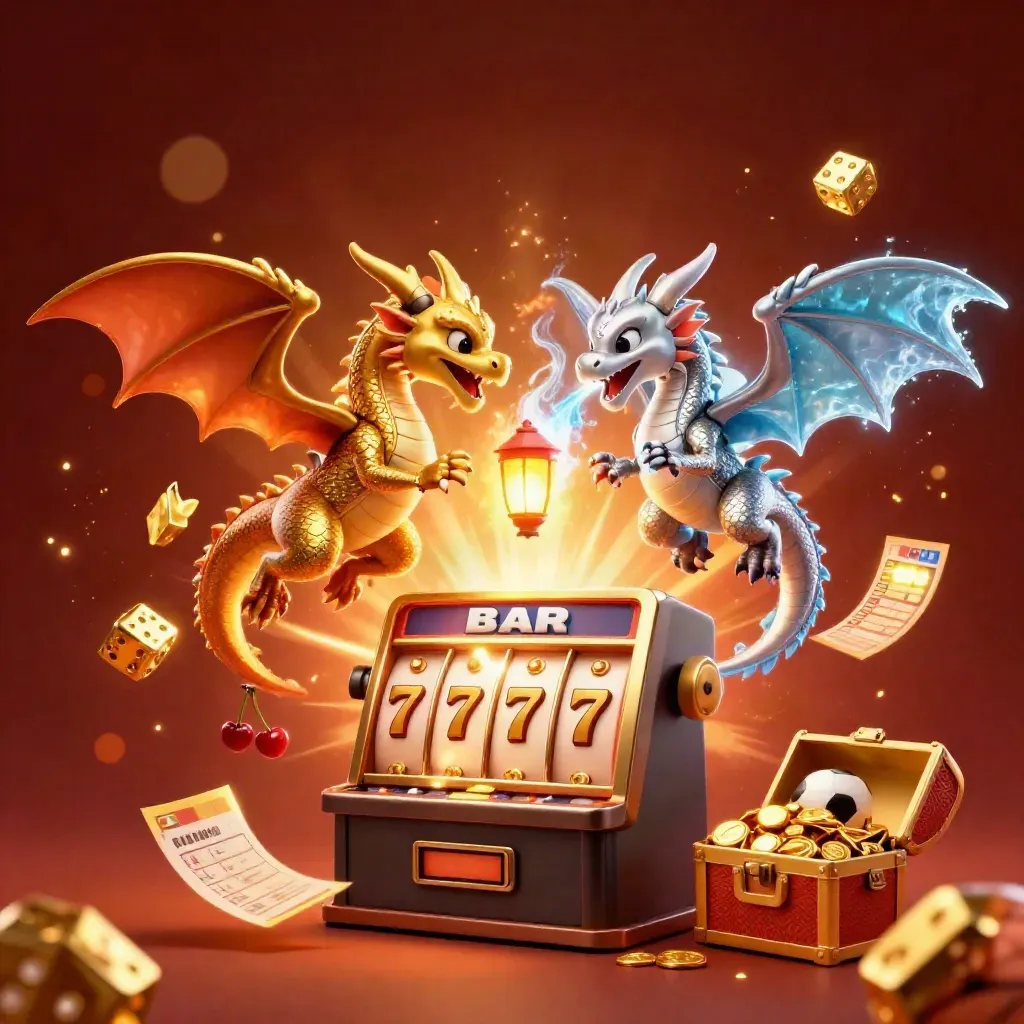 Twin gold and silver dragons spiral with casino symbols, glowing slot machine, gold, fire and ice.