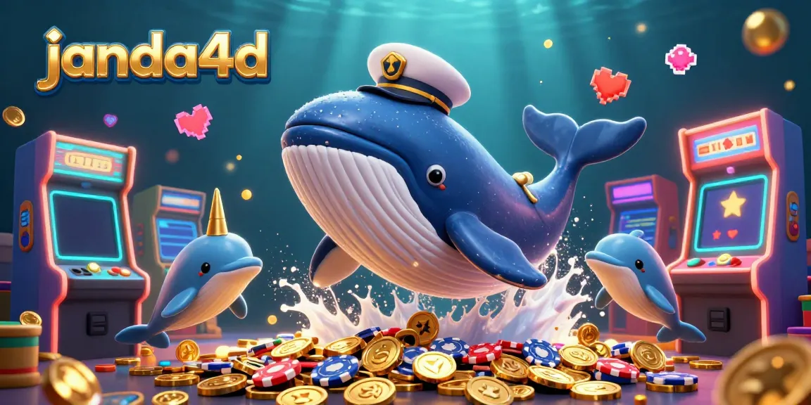 Menggambarkan aksi seru janda4d dengan ikan paus kartun dan lumba-lumba bermain chip poker.