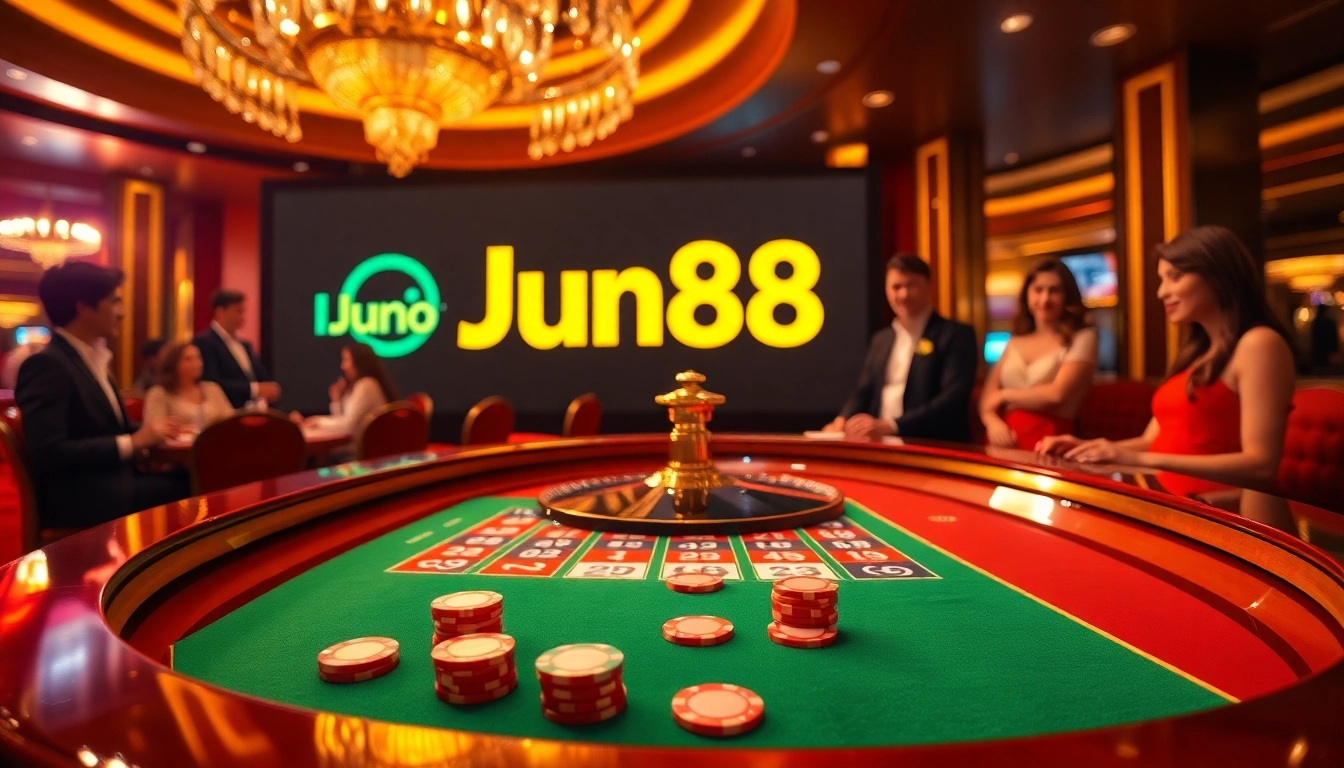 Experience the thrill of Jun88 with vibrant casino tables, poker chips, and live gaming excitement.