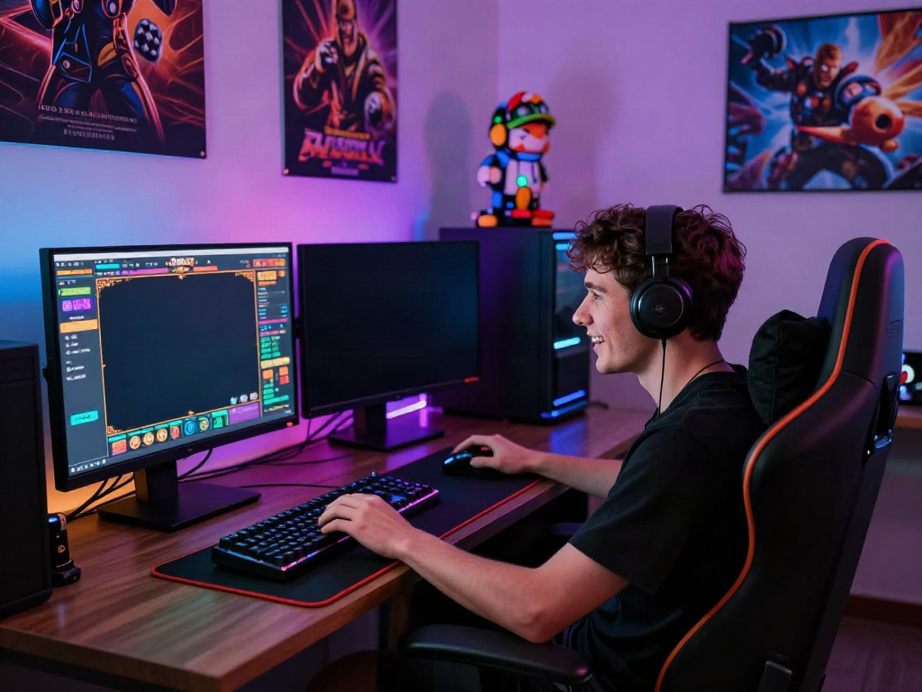 Enthusiastic player engaging with akunjp online gaming setup, showcasing vibrant slot games and colorful LED lights.