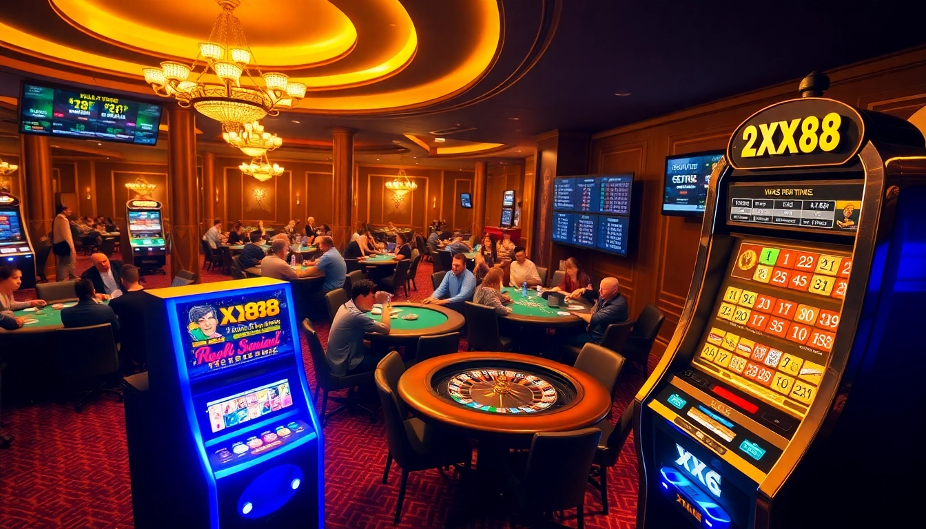 Experience the thrill of gambling at XX88 with lively tables and iconic casino elements.