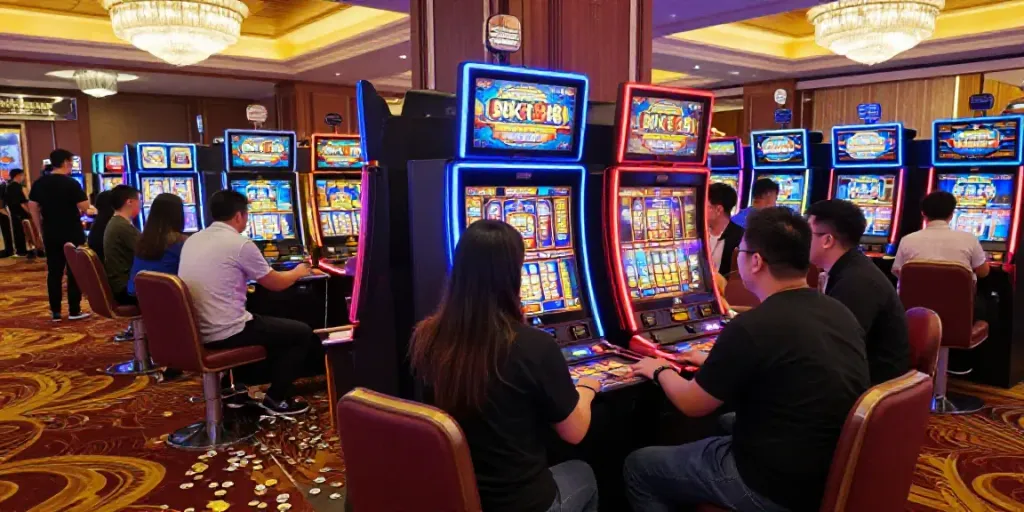 Engaging loket88 slot gaming scene in a lively casino with enthusiastic players.