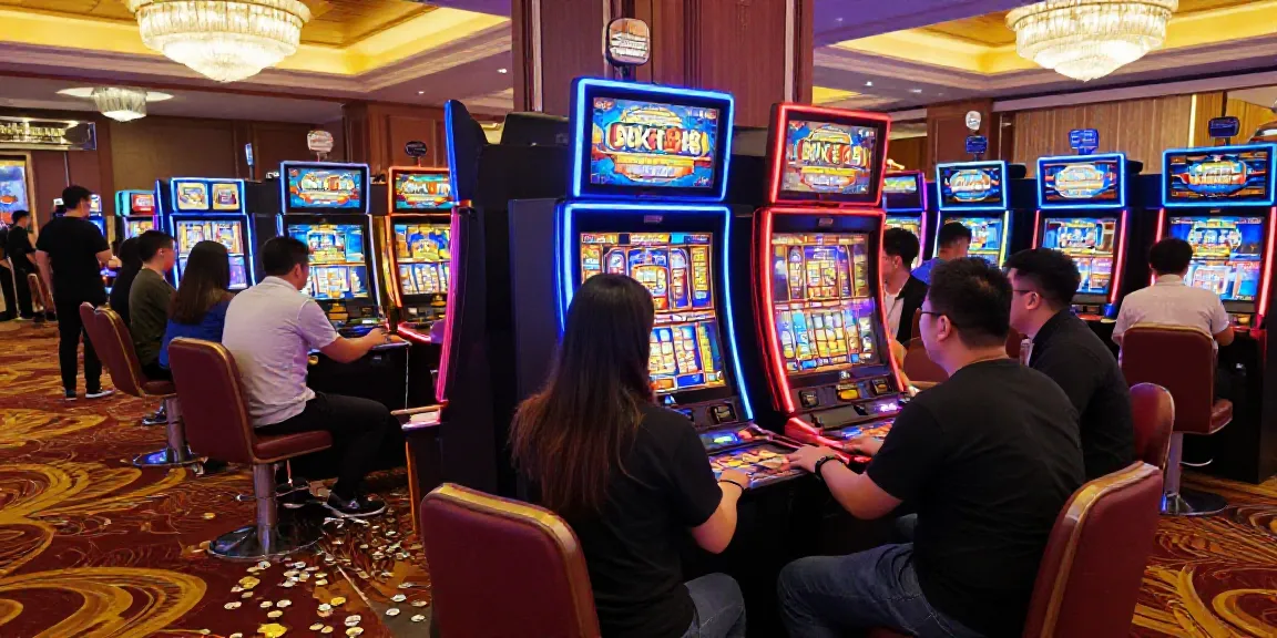 Engaging loket88 slot gaming scene in a lively casino with enthusiastic players.