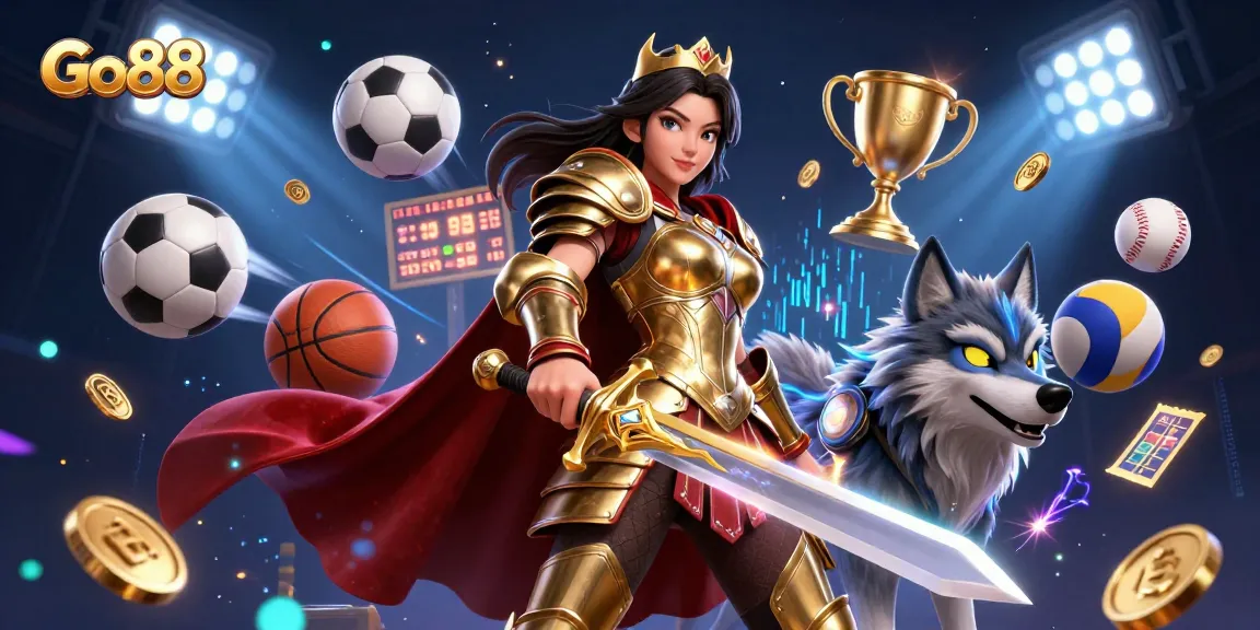 Go88 captures the essence of sports betting with dynamic visuals featuring a warrior queen and roaring excitement.