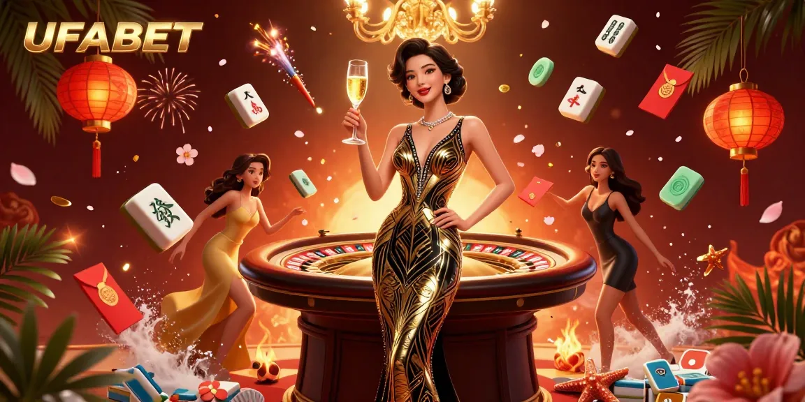 Experience the excitement of UFABET with a glamorous casino scene featuring a sophisticated woman and dynamic gambling elements.