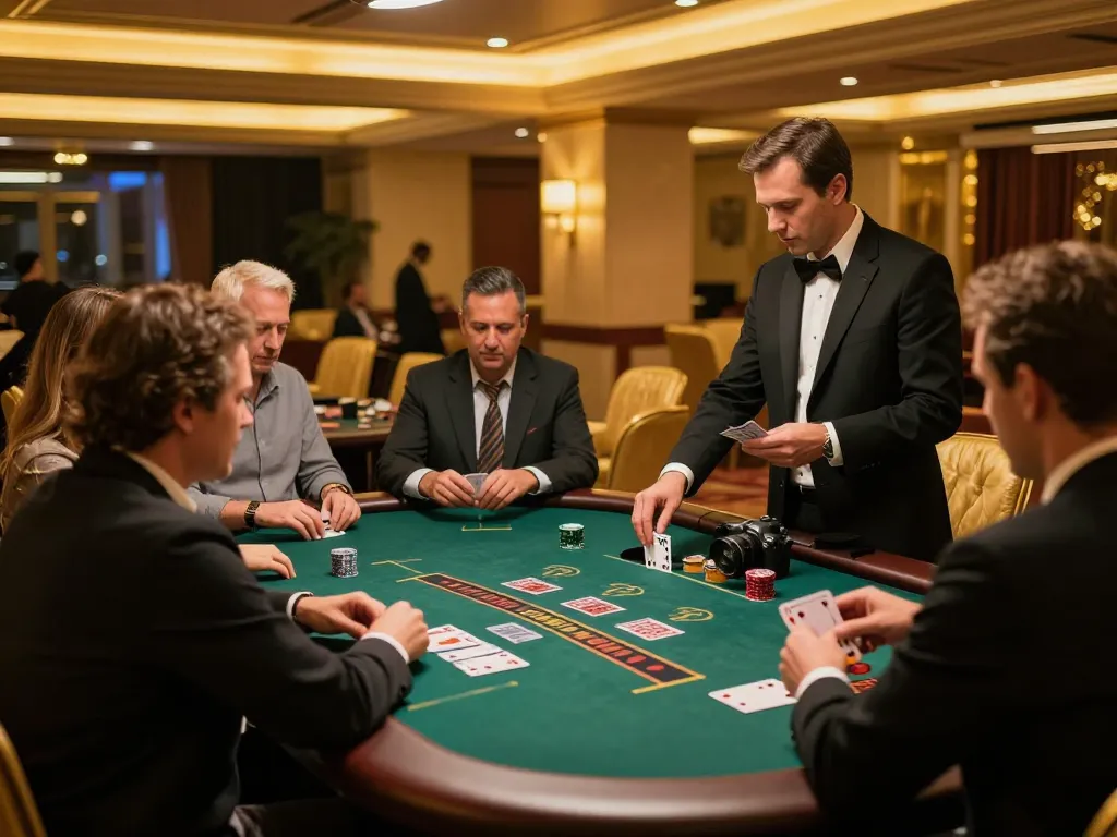 Players enjoying a thrilling game of blackjack at lc88 casino, showcasing dynamic dealer interactions and luxe ambiance.