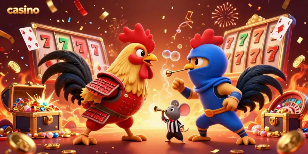 Casino-themed illustration with roosters, slot machines, and celebratory effects.