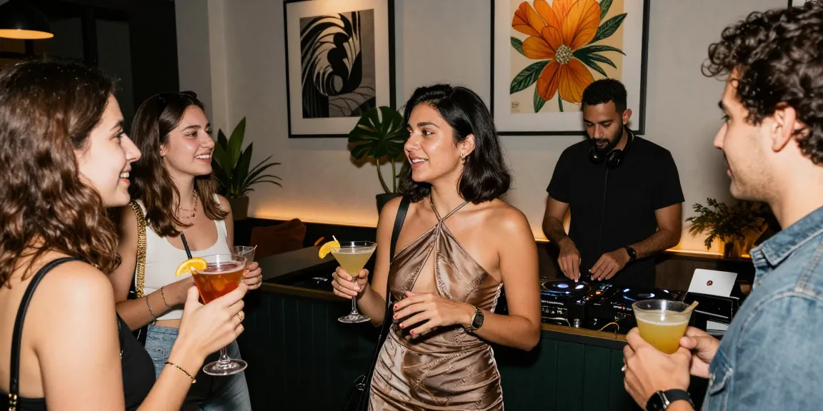 Gái gọi đang tham gia buổi tiệc sôi động, hòa mình vào không khí vui vẻ trong quán bar sang trọng.