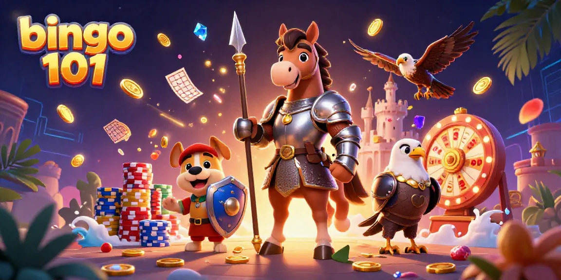 Experience bingo 101 excitement with vibrant characters, prizes, and golden coins in motion.