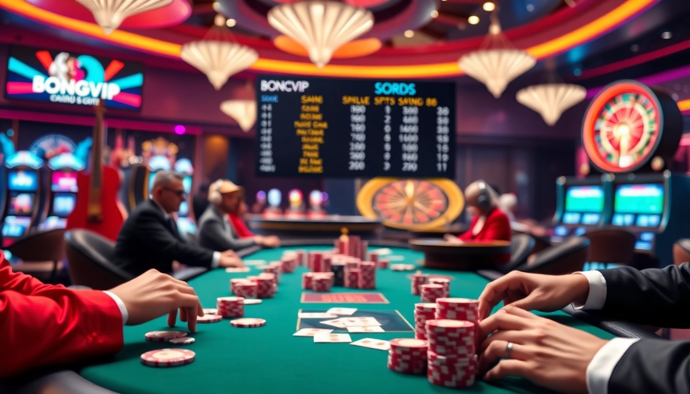 Bongvip players enjoying a thrilling online gambling experience at a luxurious casino table.