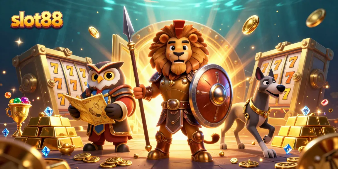 Menangkan jackpot di slot88 dengan ilustrasi dinamis slot yang dikelilingi singa, burung hantu, dan greyhound.