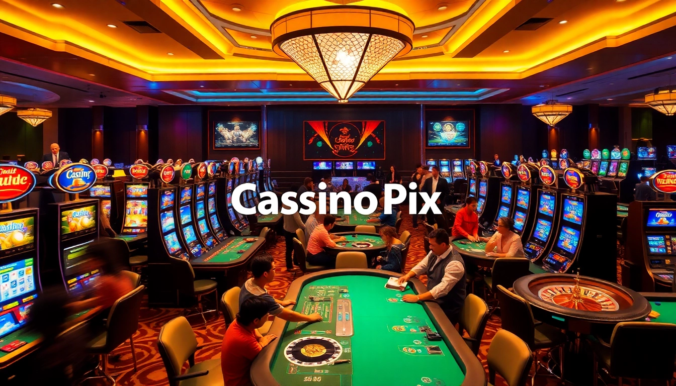 Experience the thrill at Cassino Pix: vibrant gaming atmosphere with poker tables and slot machines.