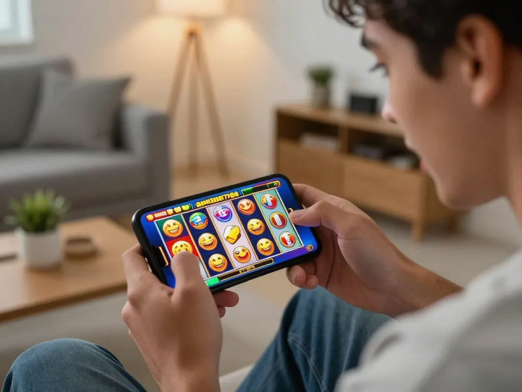 Seorang pemain menikmati aman788 slot online di smartphone mereka, memperlihatkan grafik permainan yang cerah dan kegembiraan di dalam ruangan yang nyaman