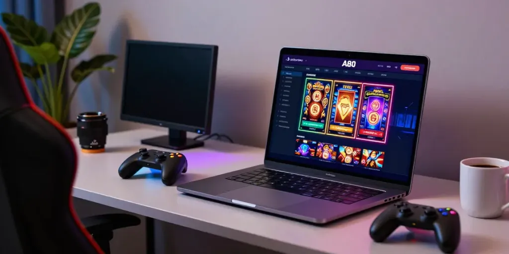 A80 casino online gaming scene with vibrant slot games on a laptop.