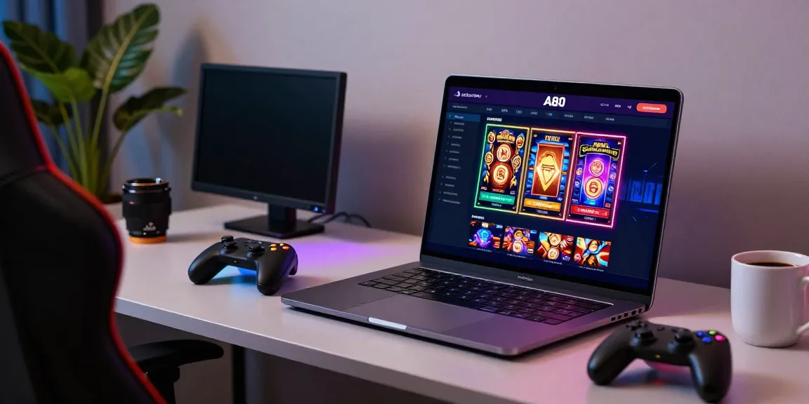 A80 casino online gaming scene with vibrant slot games on a laptop.