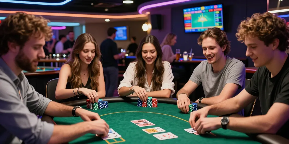 Rajatogel: Pengunjung bersemangat di meja poker dengan suasana kasino yang cerah.