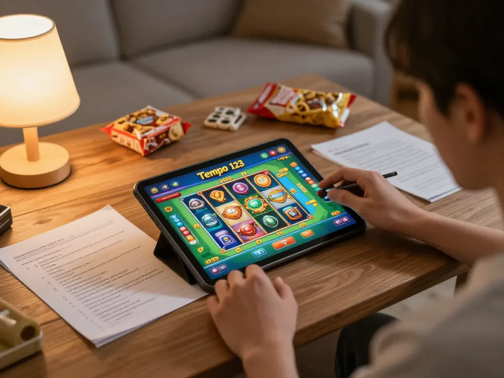 Engaging in Tempo 123 slot gaming while reviewing strategies at home.