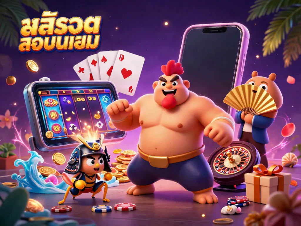 Engage with สล็อตยอดนิยม featuring a powerful sumo wrestler rooster, a fierce cricket, and a tanuki announcer, surrounded by vibrant slot game elements.