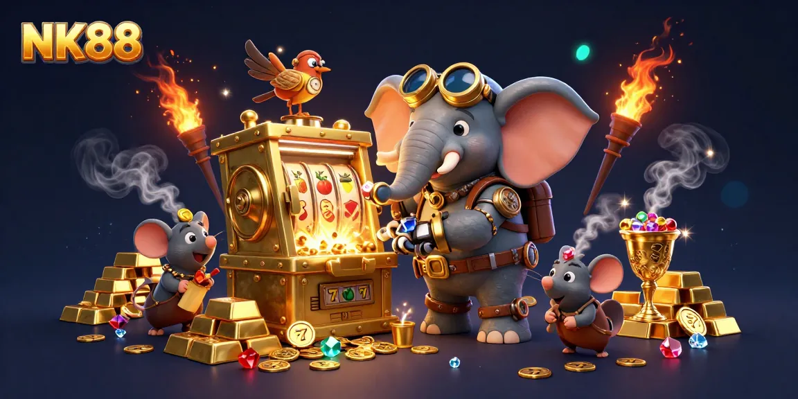Engage in exciting gameplay at NK88 with a whimsical steampunk elephant and vibrant slot machine.