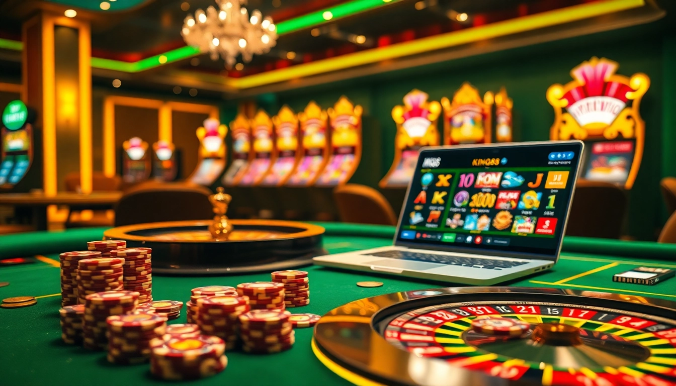 KING88 online casino scene with vibrant chips and a roulette wheel showcasing thrilling gaming action.