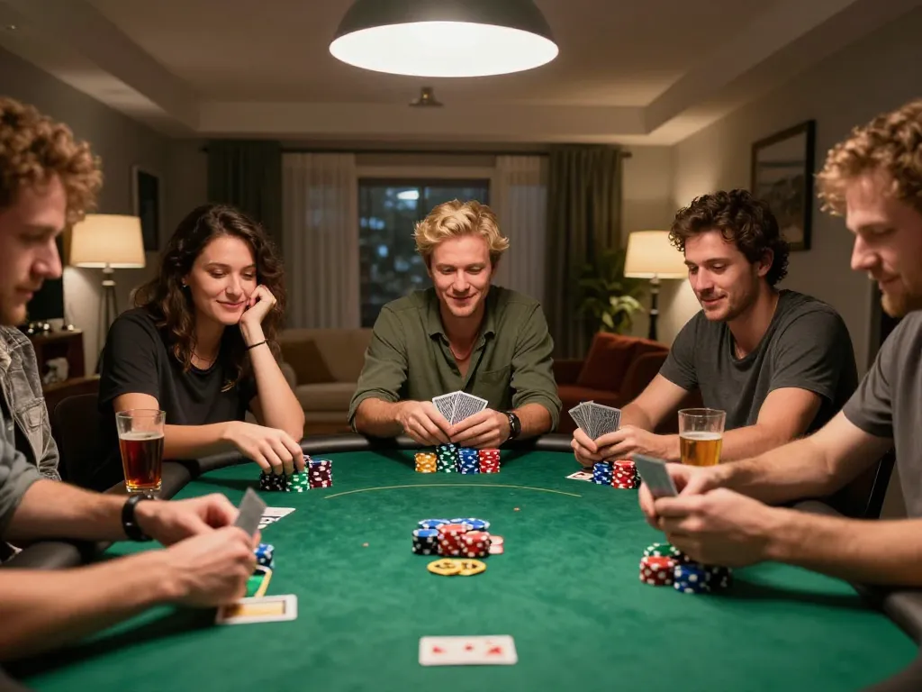 Tg88 com players enjoying a lively poker night with colorful chips and warm ambiance.
