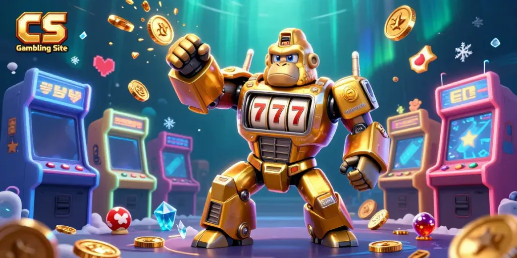 Engaging scene at a CS Gambling Site with a golden mech and vibrant gaming elements